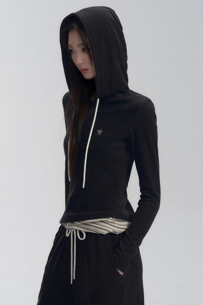 V-Neck Fake Layered Casual Hoodie Set-Up