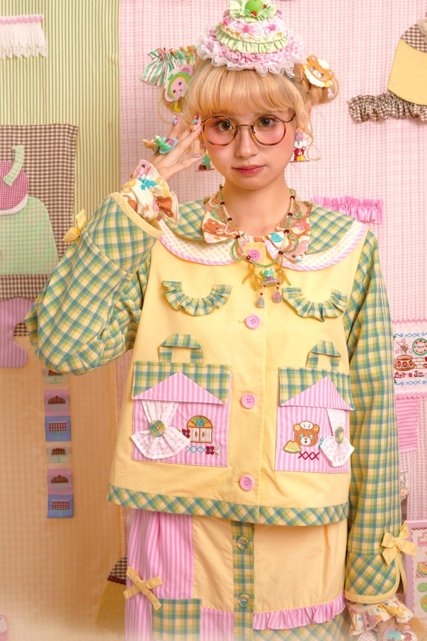 Patchwork Plaid Embroidered Top & Skirt Set-Up