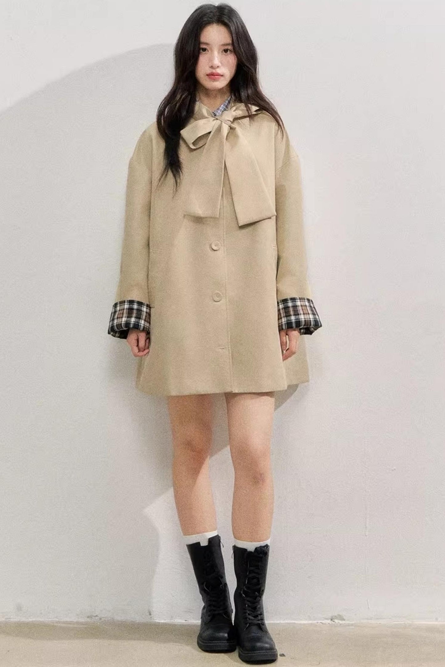 Vintage Bow Plaid Trench Coat