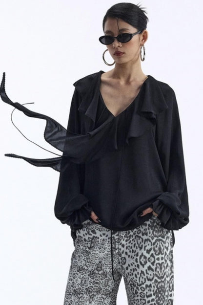 Draped V-Neck Ruffle Top