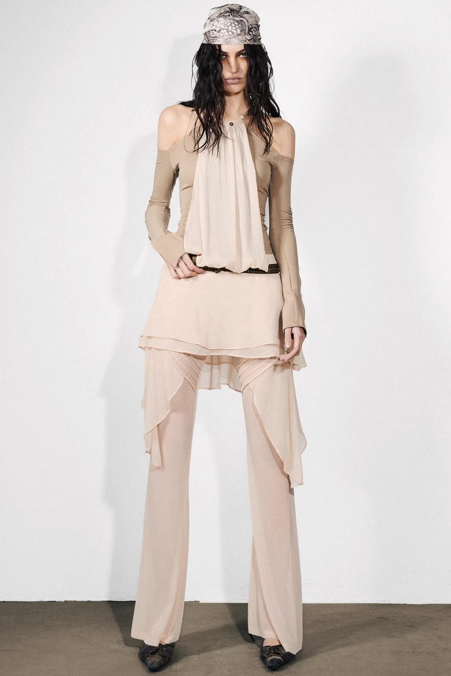 Chiffon-Patchwork-Oberteil mit schulterfreiem Design