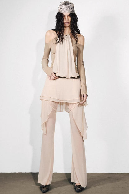 Chiffon-Patchwork-Oberteil mit schulterfreiem Design