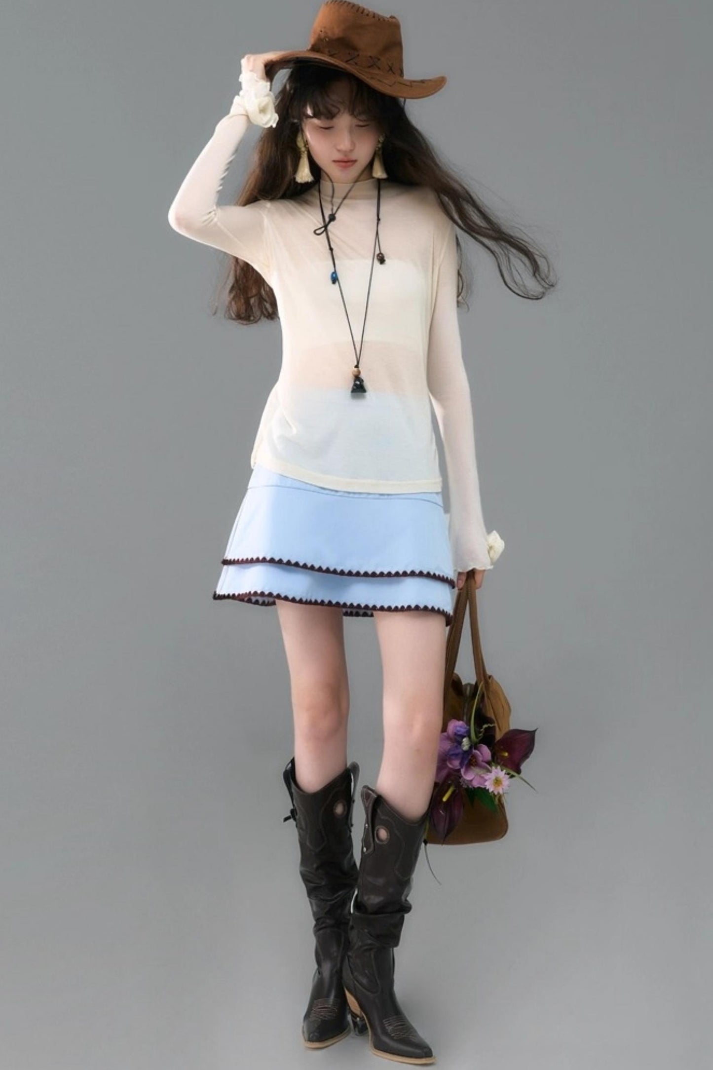 Island Tea Flower Embroidered Top & Skirt Set-Up