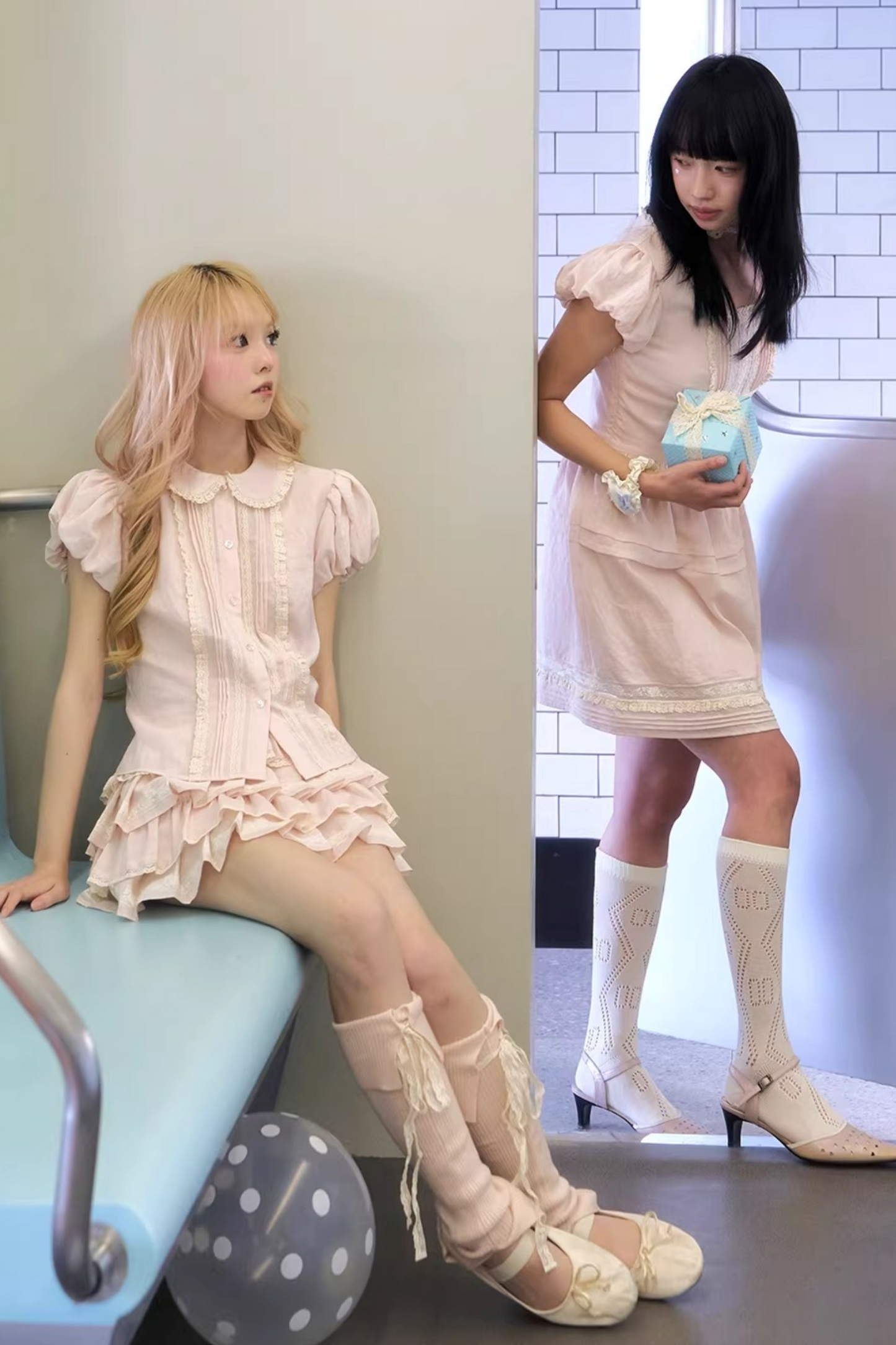 Peach Lace Doll Collar Blouse Set-Up