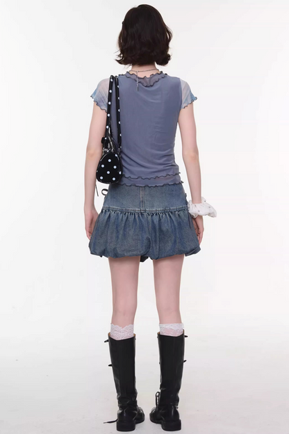 Mesh Plaid Cat Print Top