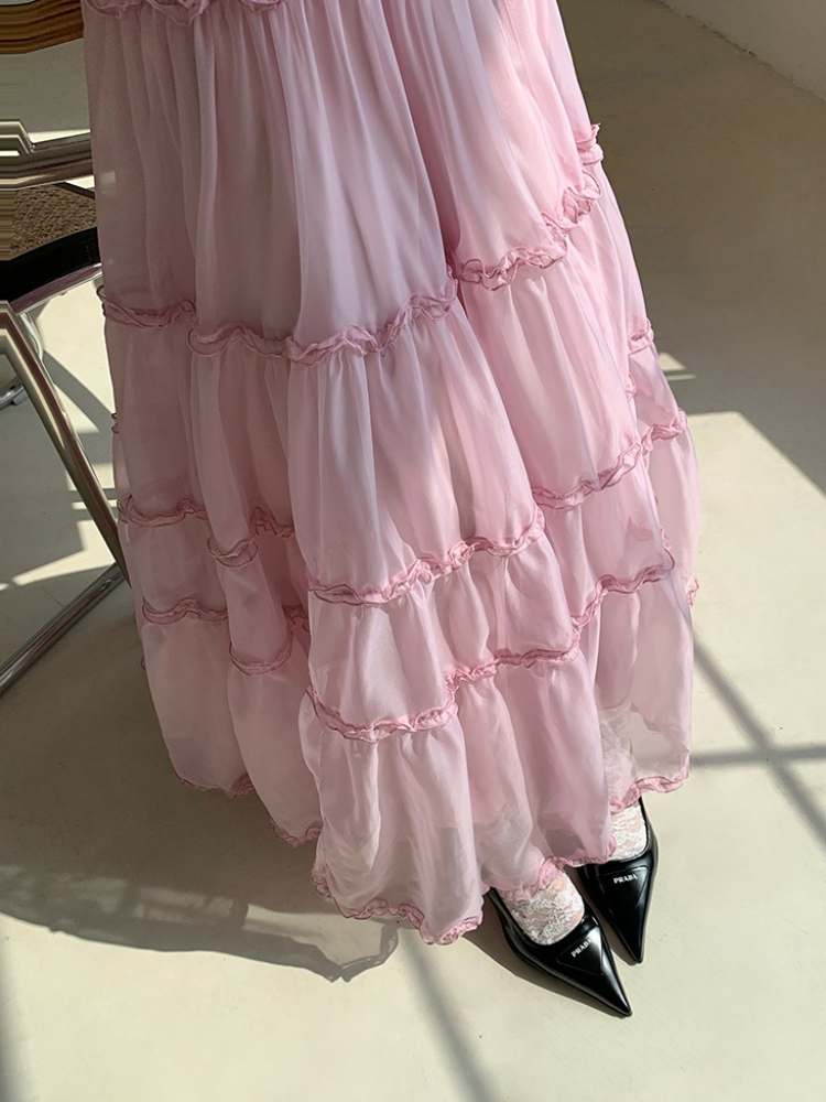 Cherry Blossoms Splice Mesh Volume Tiered Skirt