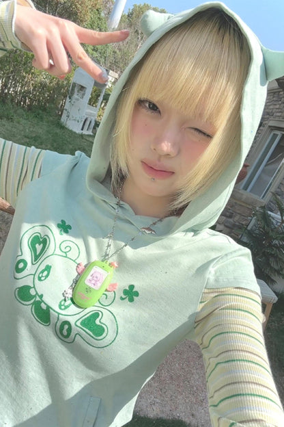 Green Devil Horns Hoodie Top