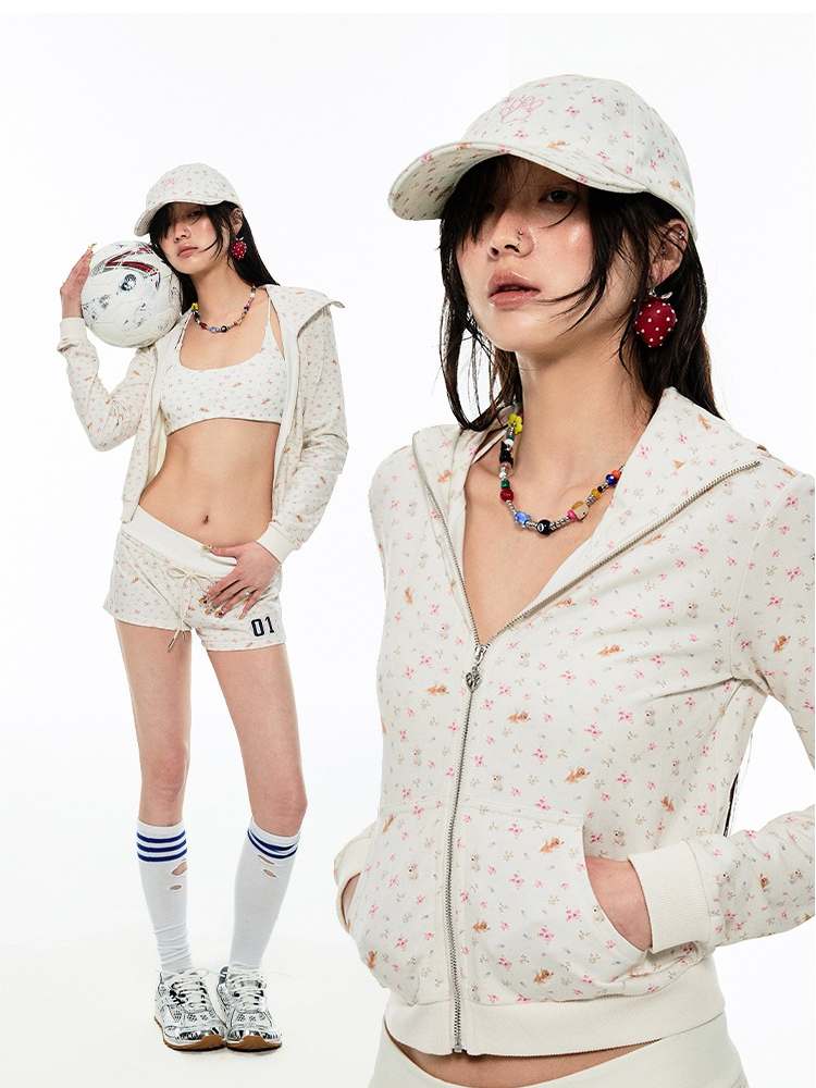 Animal Flower Print Zip-Up Hoodie & Short Pants Set Up