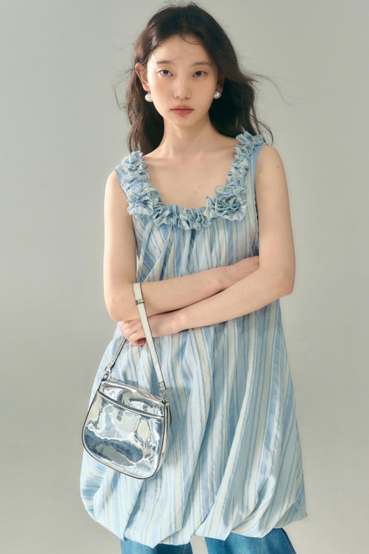 Blue Jellyfish Embroidered Striped Vest Dress