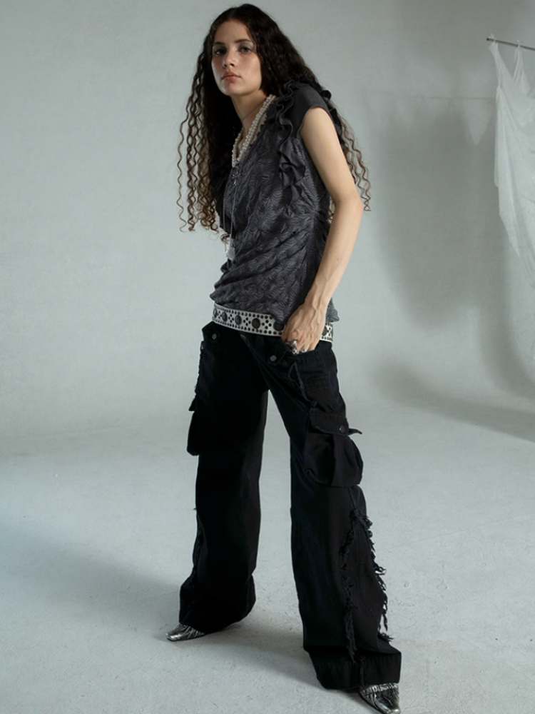 Straight Loose Washed Distressed Trumpet Mop Pants