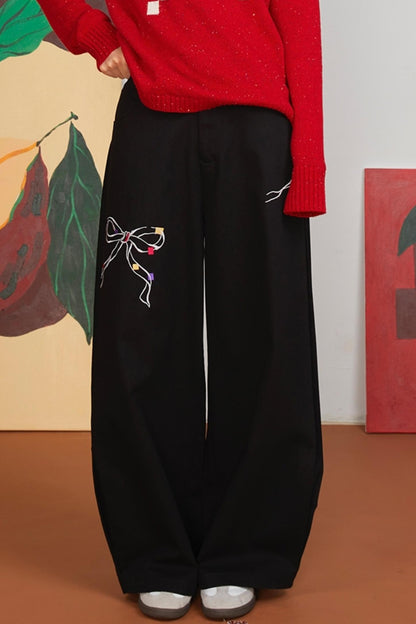 Loose Fit Bow Embroidery Pants