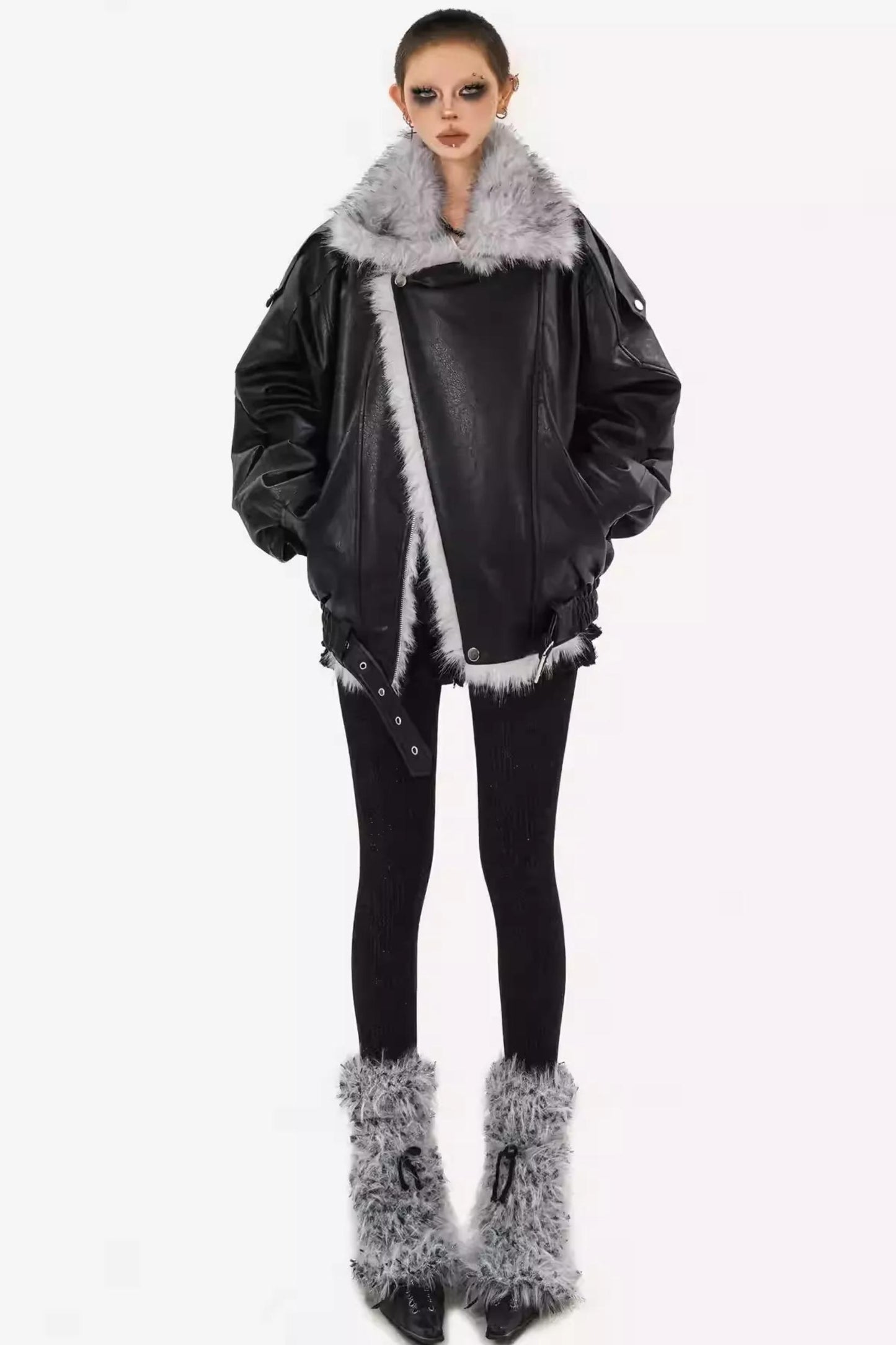 Thickened Pu Leather Fur Collar Jacket