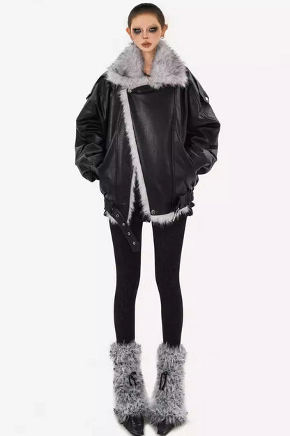 Thickened Pu Leather Fur Collar Jacket