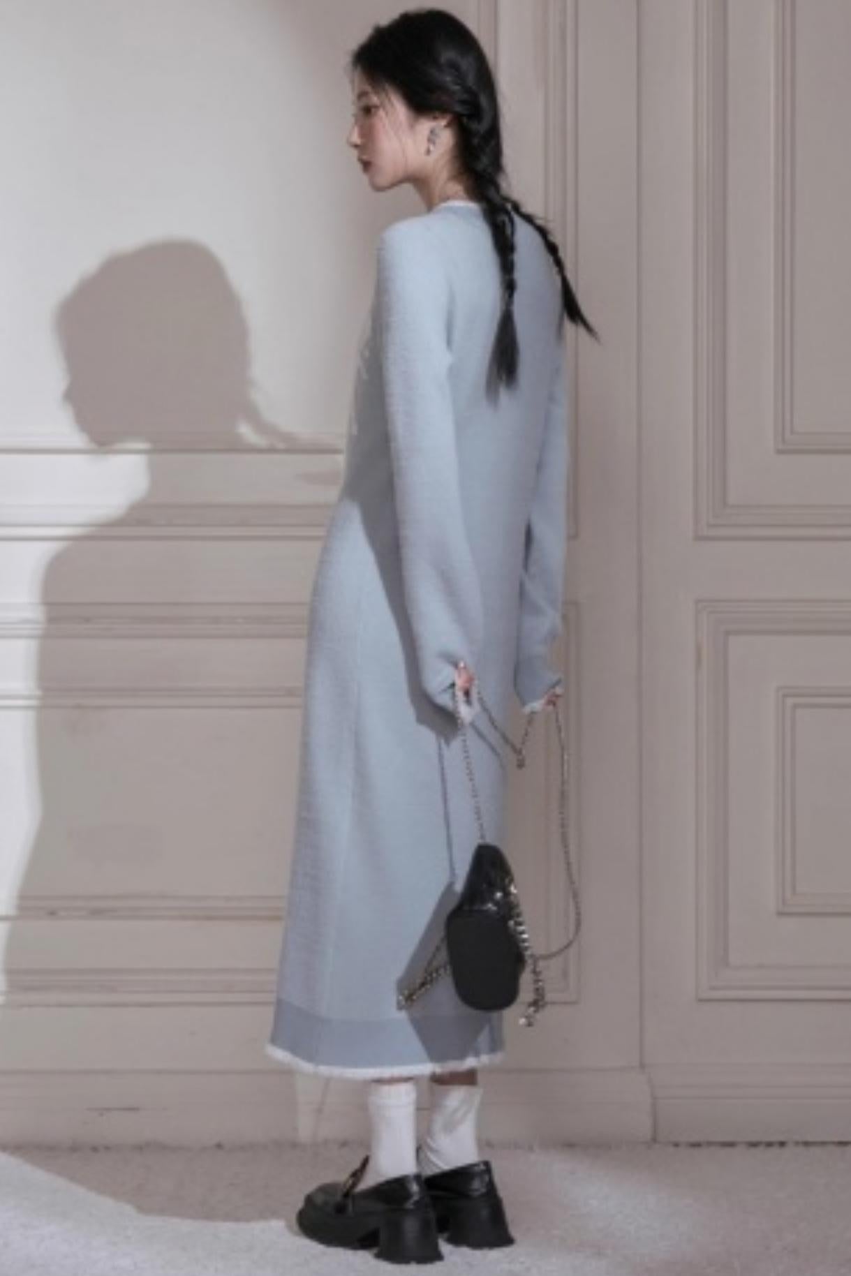 White Butterfly Blue Woolen Dress