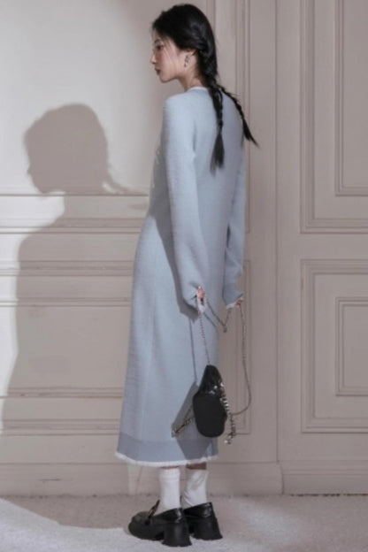 White Butterfly Blue Woolen Dress