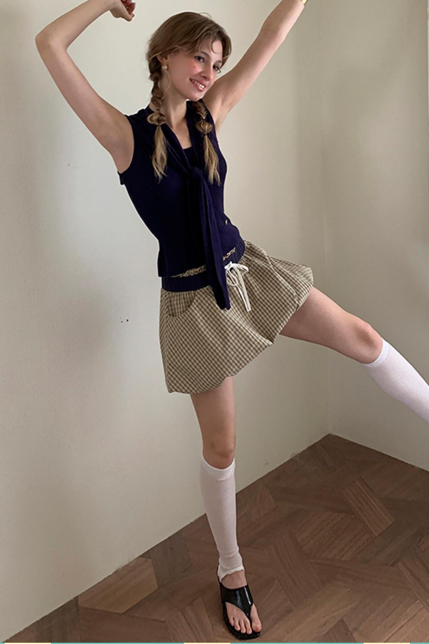 Vintage Khaki Plaid Elastic Skirt