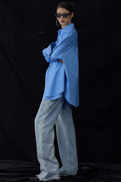 Blue Pointed Long-Sleeved Shirt