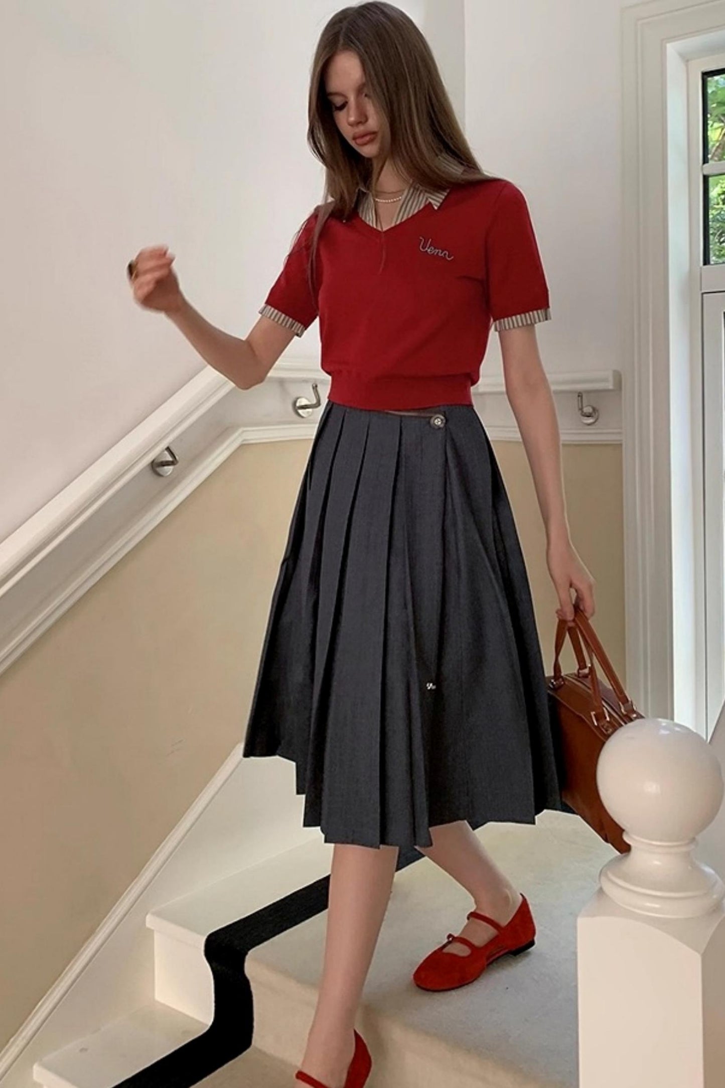 Embroidered Striped Collar Fake Two Piece T-Shirt