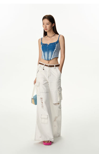 White Work Design Wide Denim Pants