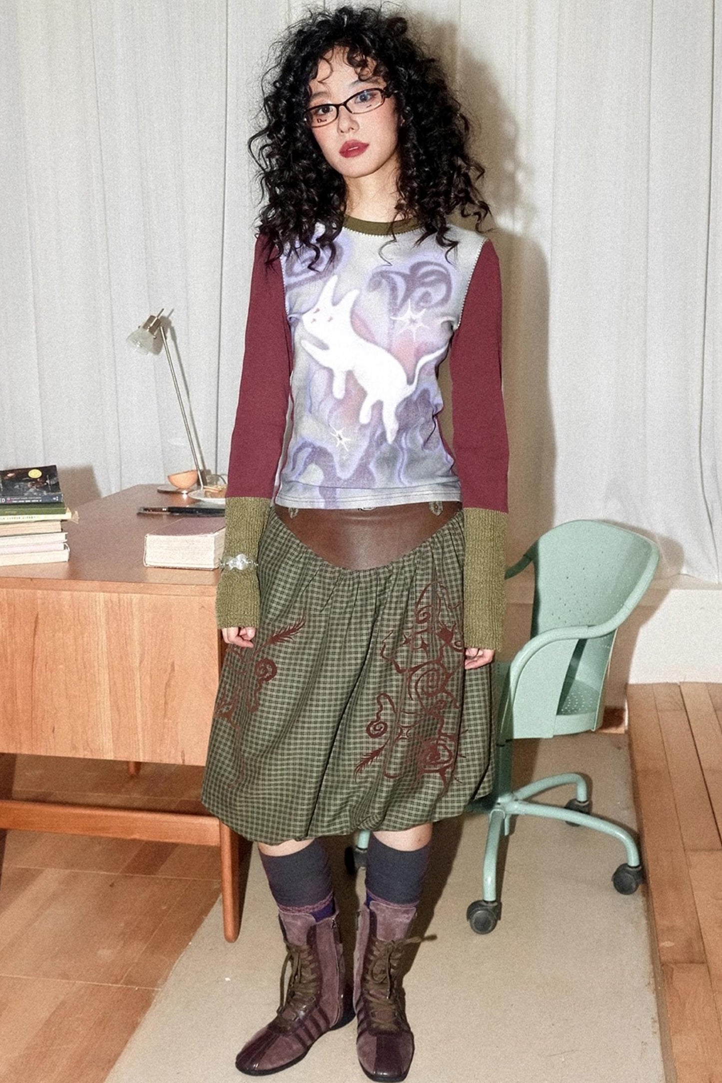 Flower Gauze Round Neck Long-Sleeved T-Shirt