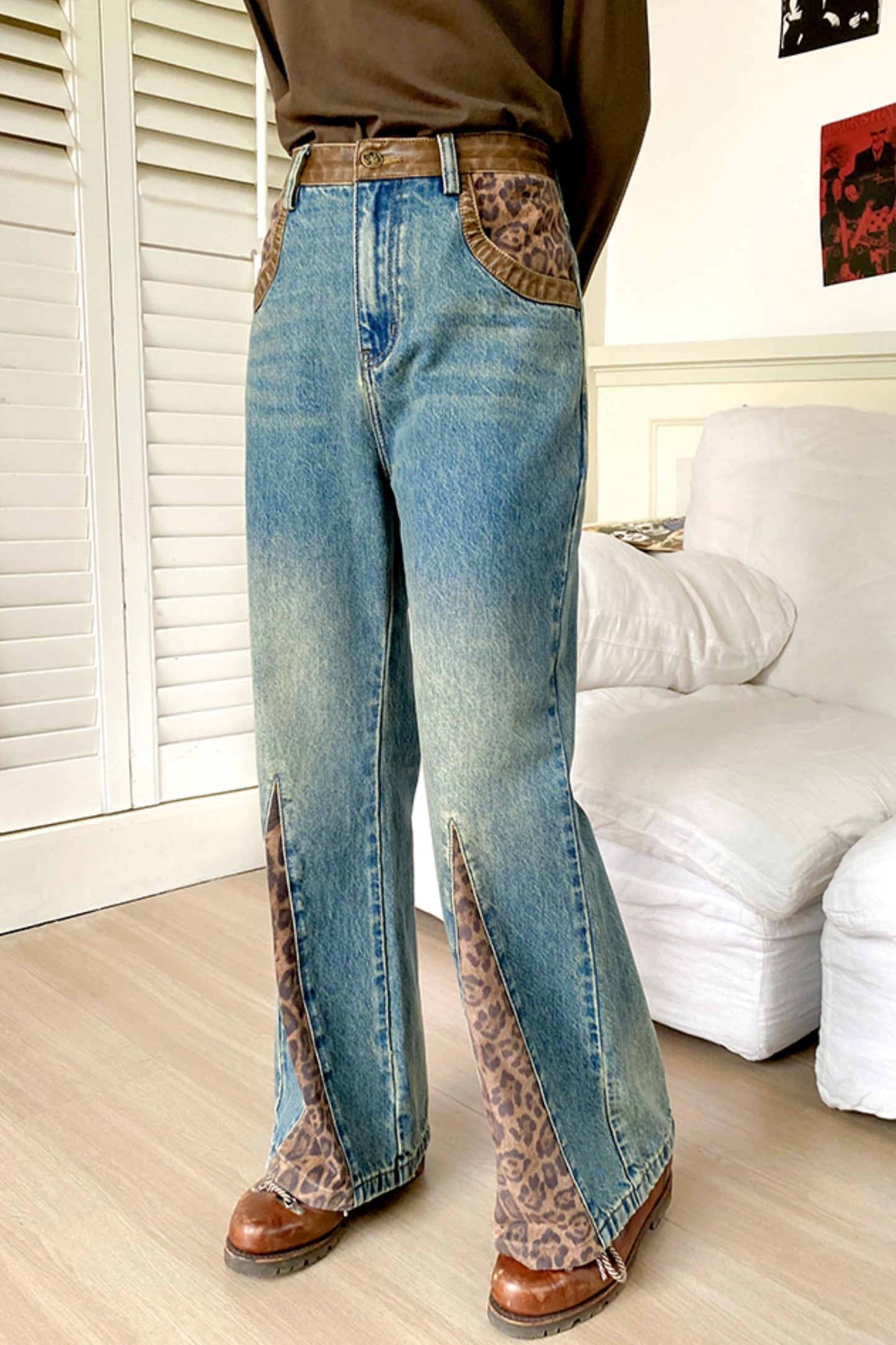 Leopard Stitch Flare Jeans