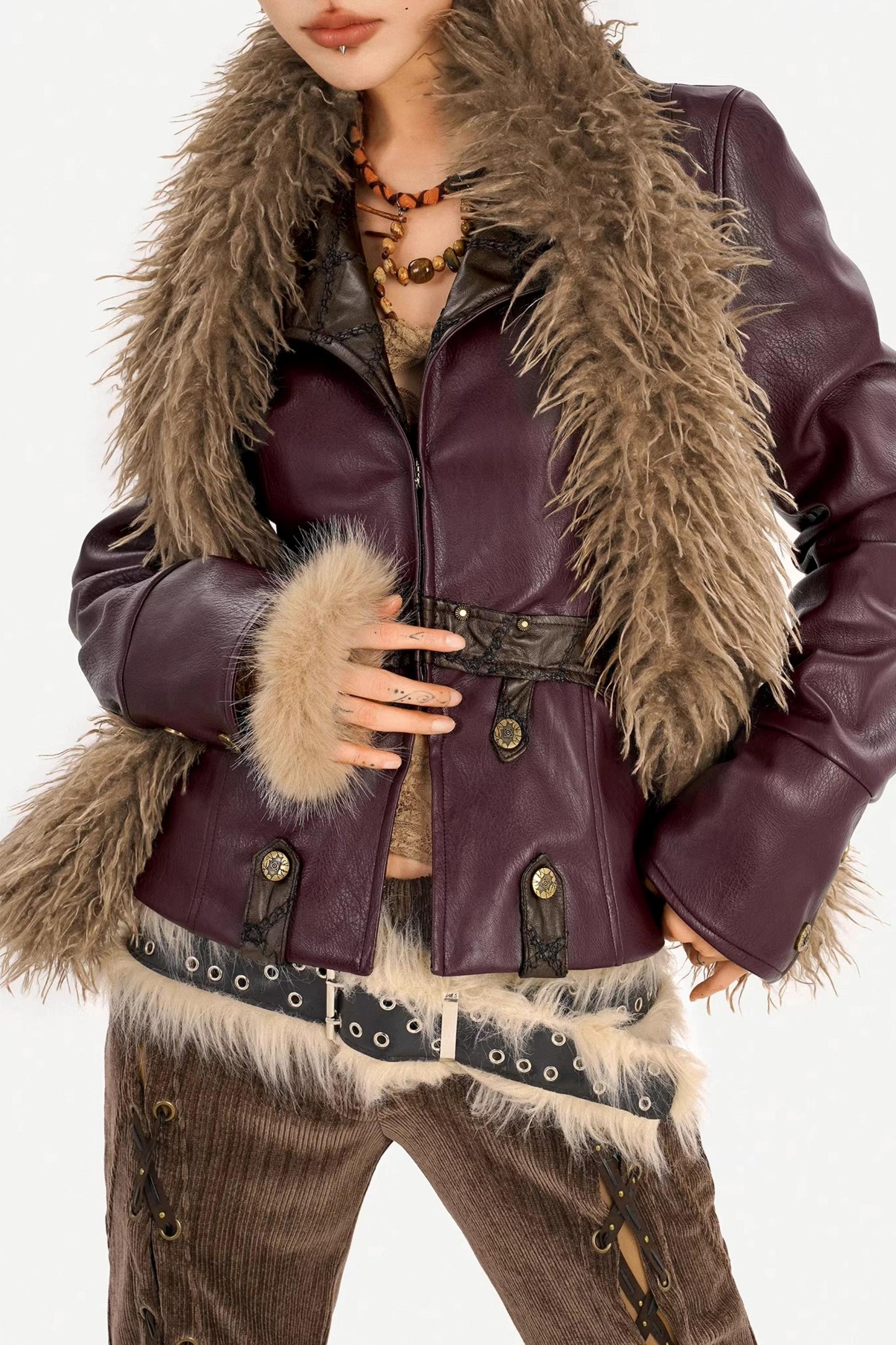 Vintage Leather Fur Collar Jacket