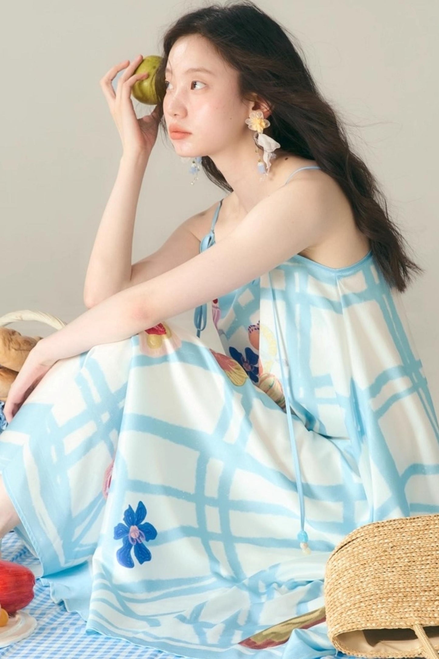 Bread Print Plaid Satin Slip Dress Set-Up