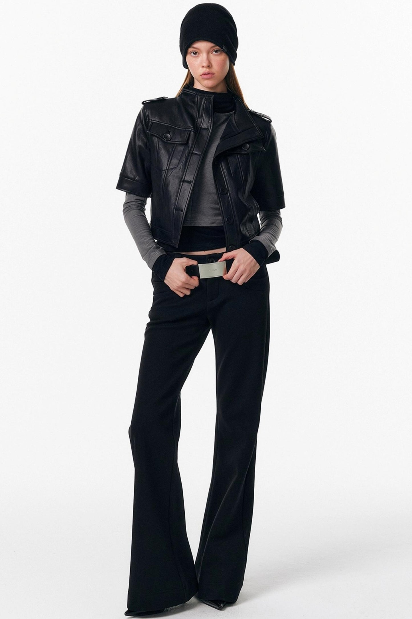 Leather Mid-Sleeve Slim Jacket