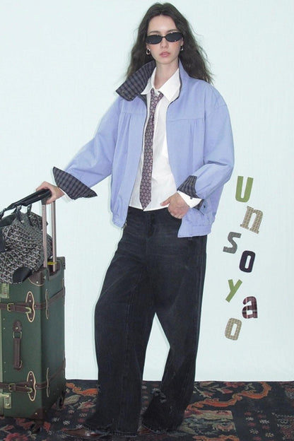 Vintage Plaid Stand-Up Collar Jacket