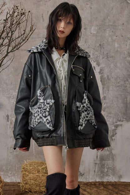 Star Leopard Print Vintage Leather Jacket