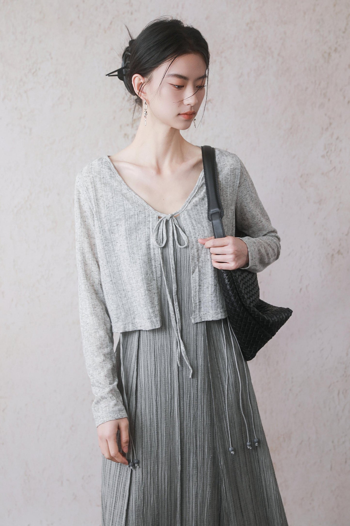 Gray Halter Pleated Dress Set-Up