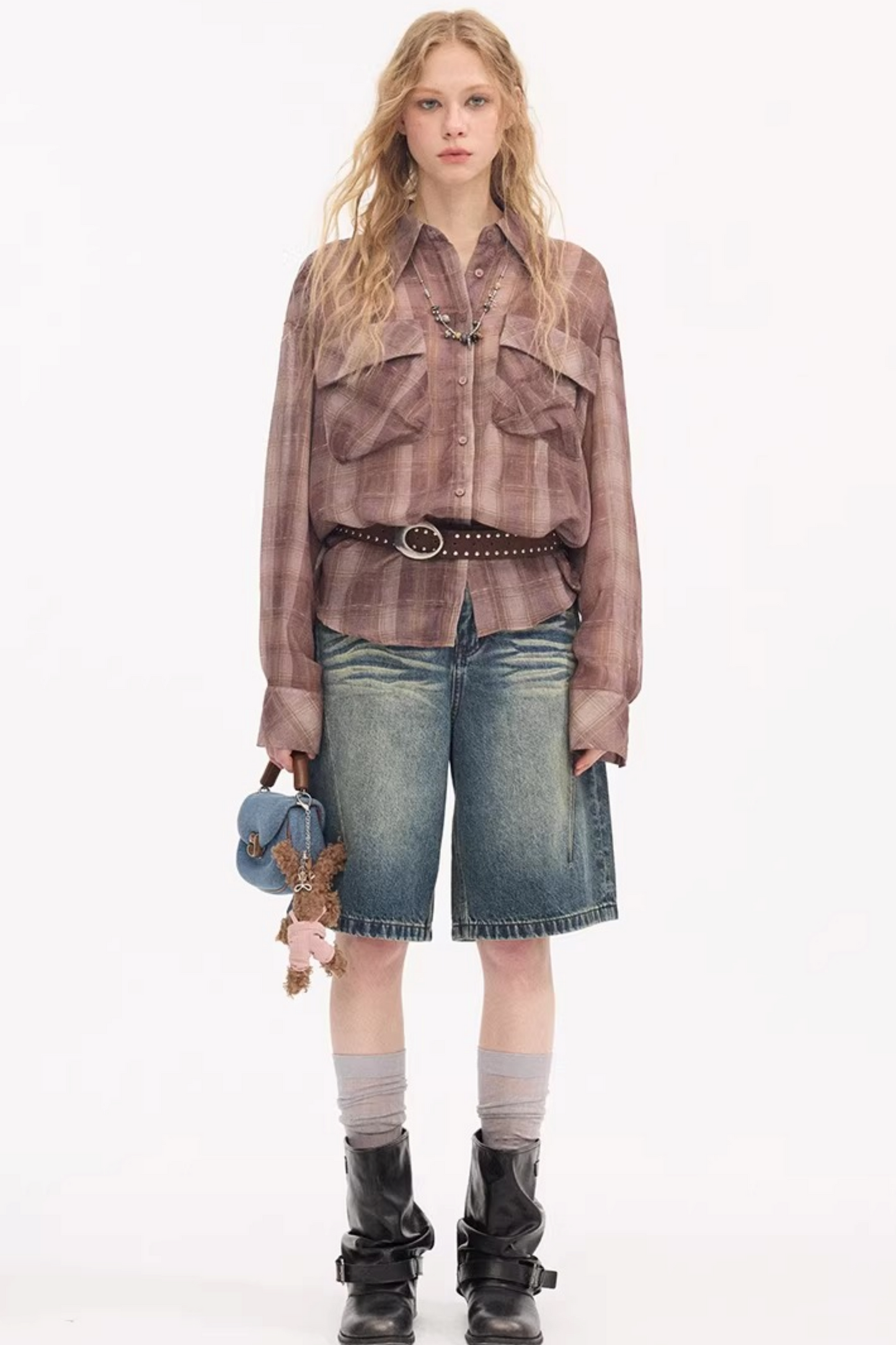 Plaid Lantern Sleeve Blouse