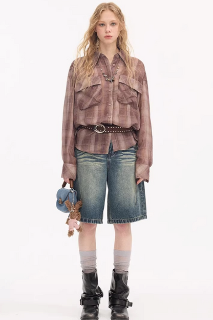 Plaid Lantern Sleeve Blouse