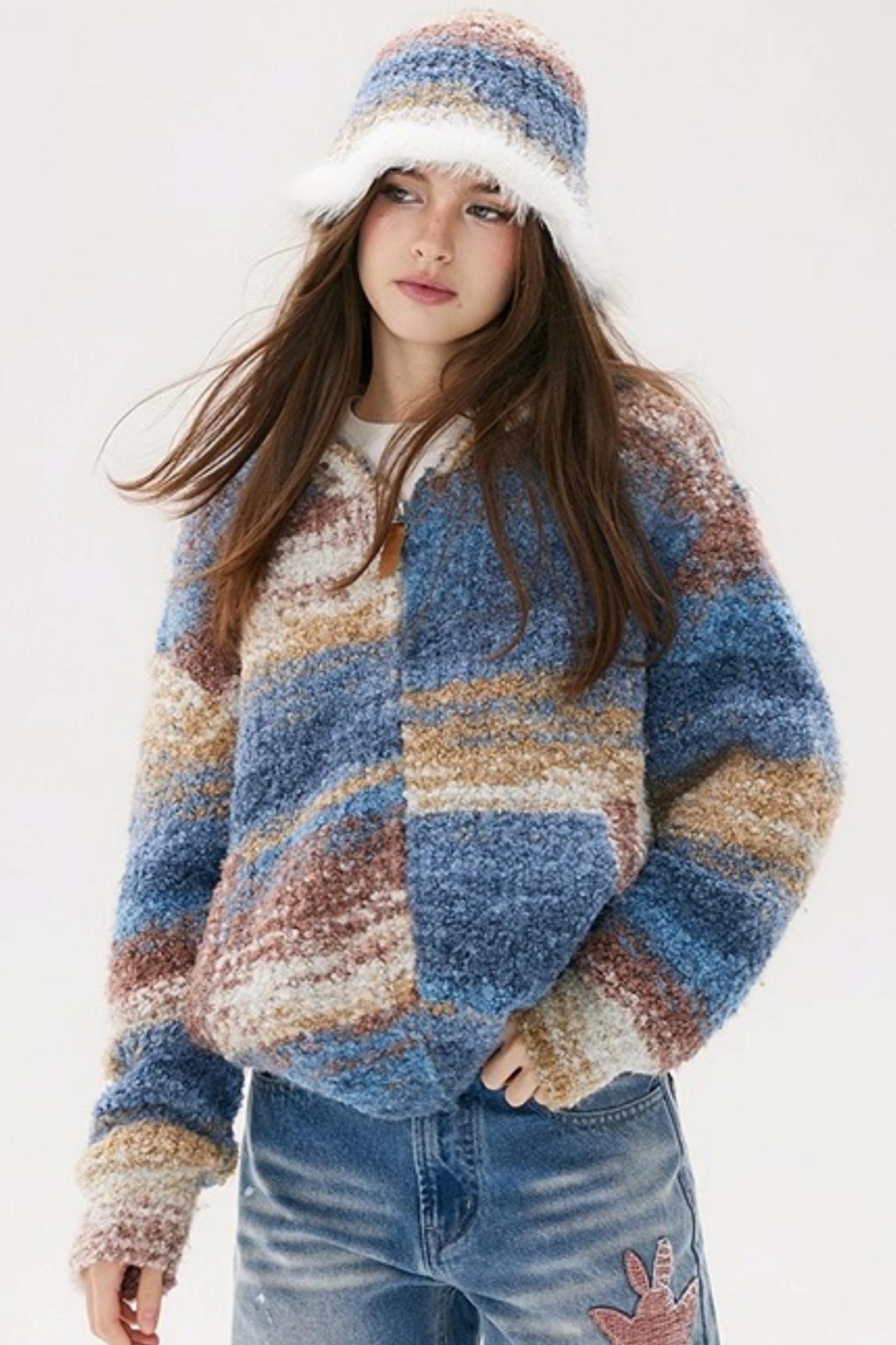 Blue Gradient Hooded Wool Cardigan