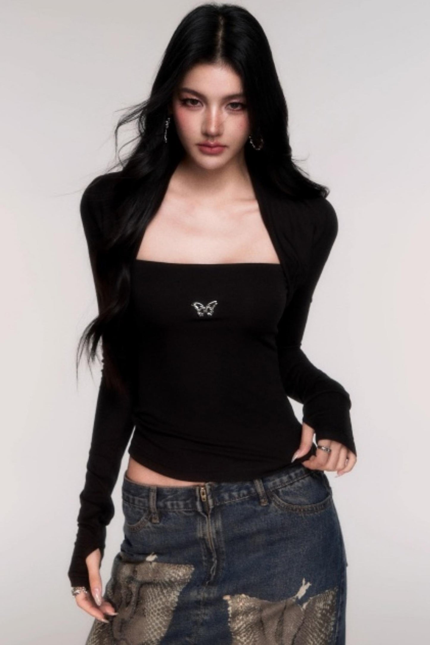 Fake Two Sleeve Slim Knit Top