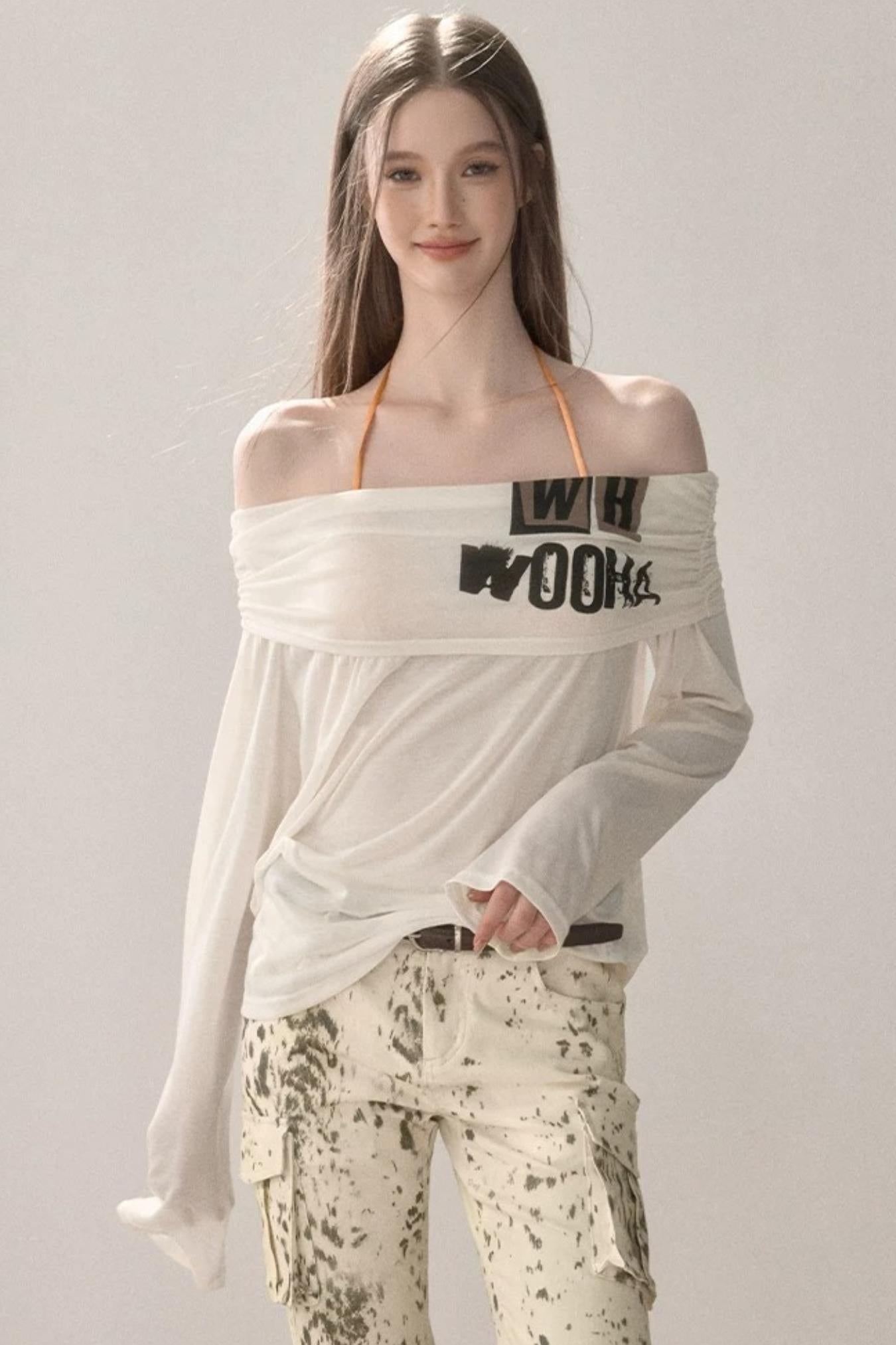 Sweet Off-Shoulder Printed Blouse