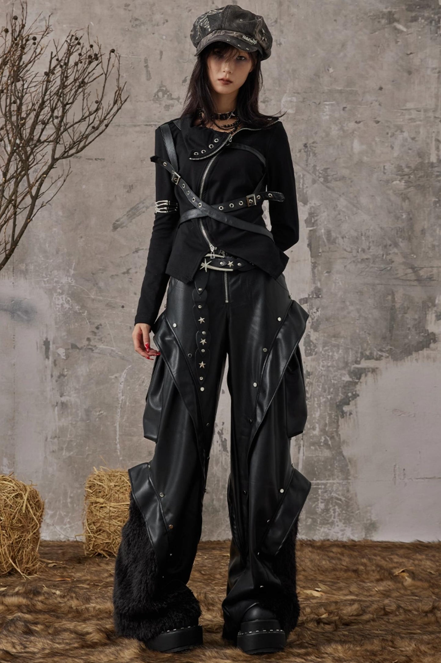 Autumn Punk Wide-Leg Leather Pants
