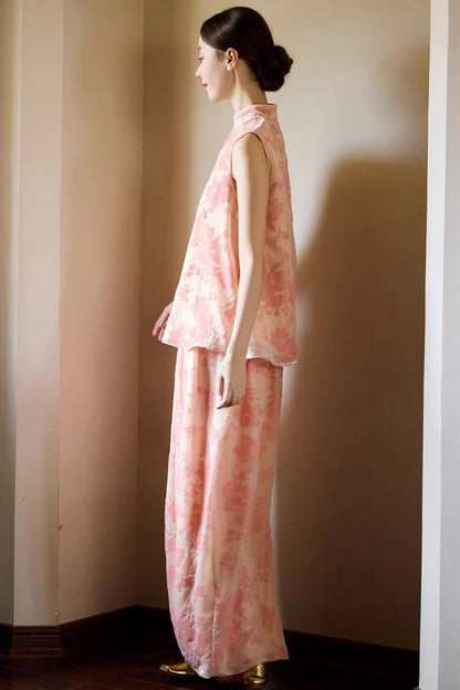 Embroidered Pink Cheongsam Skirt Set-Up