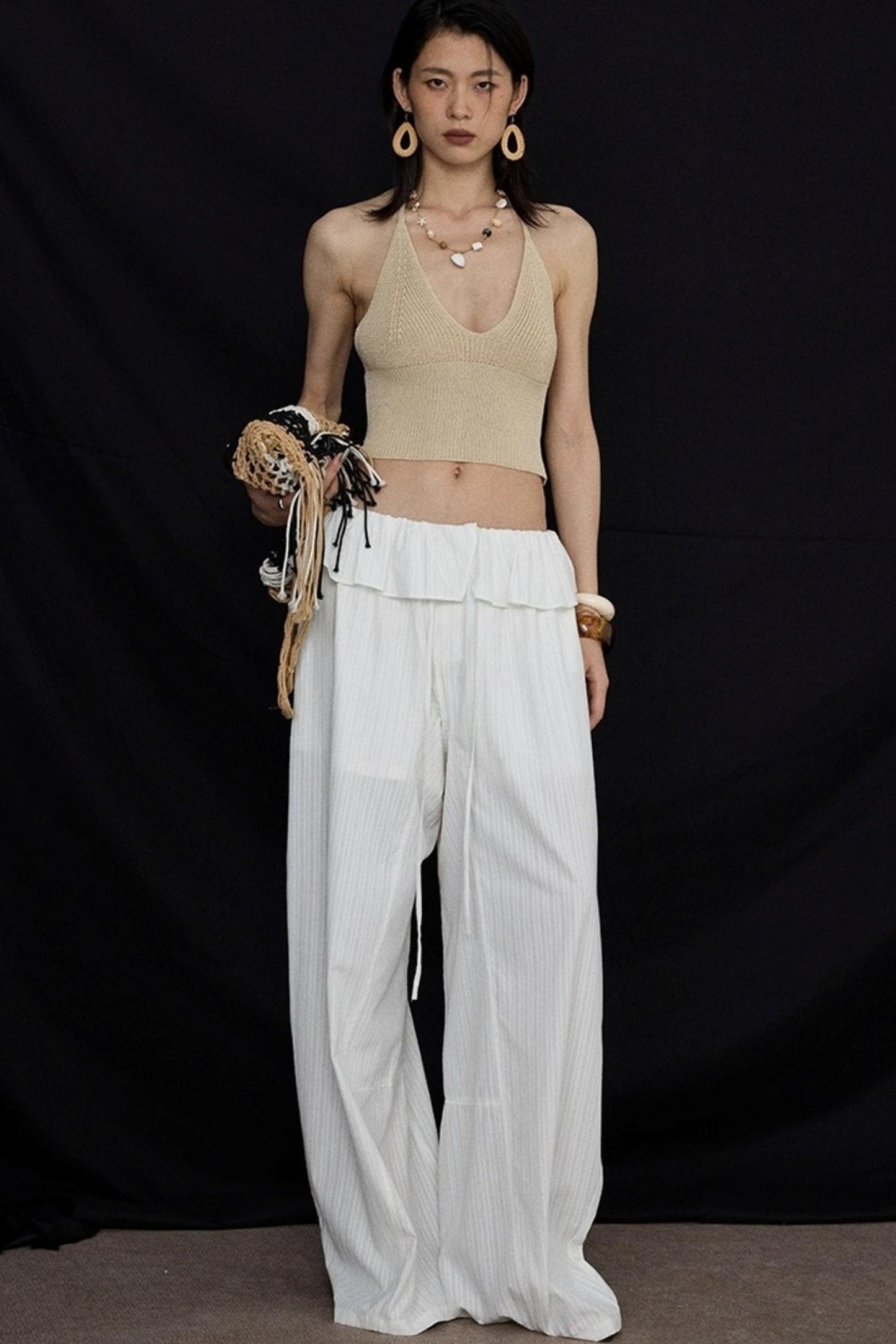 White Lace Drawstring Wide-Leg Pants