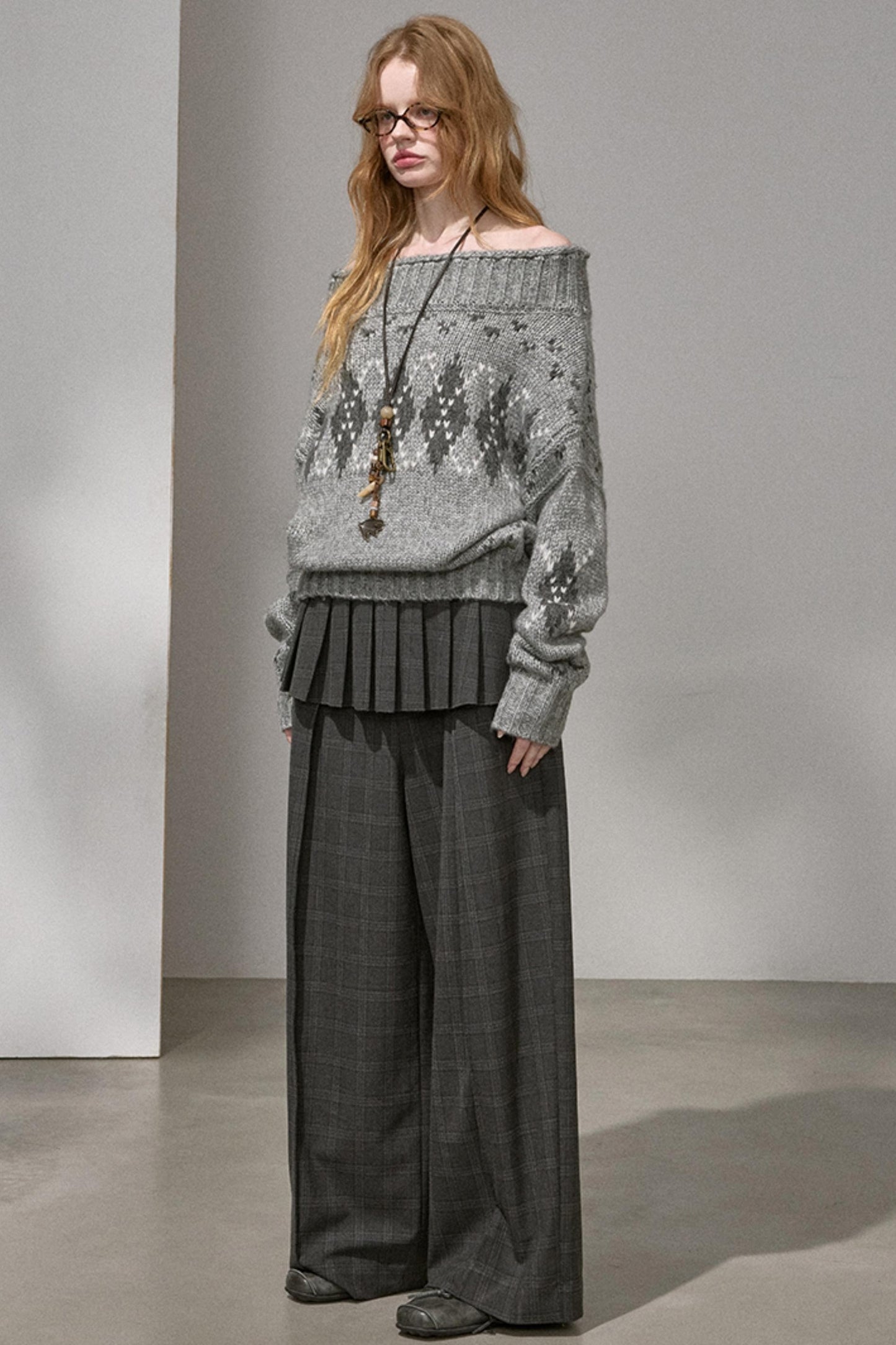 Thick Knit Argyle Off-Shoulder Top