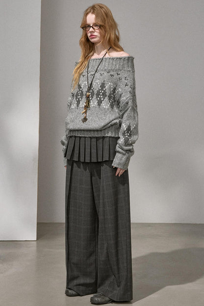Thick Knit Argyle Off-Shoulder Top