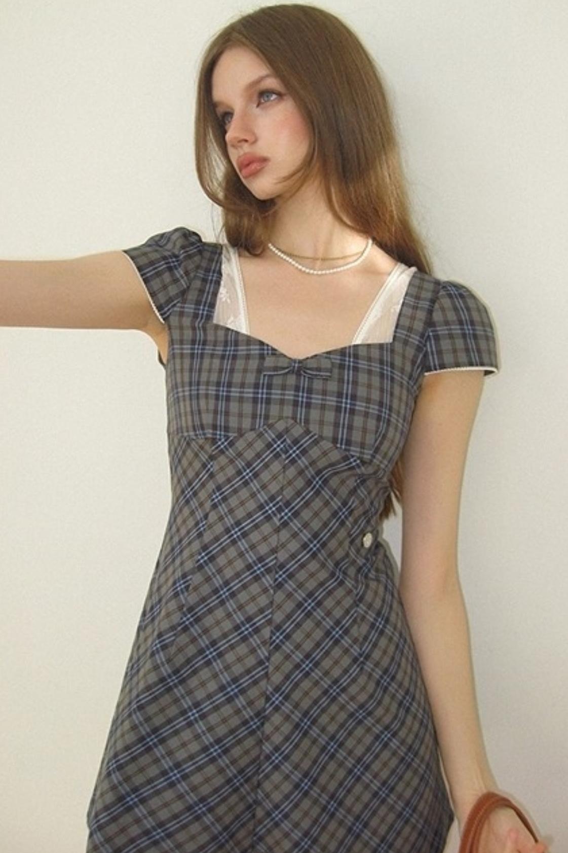 Plaid Lace Bow Short Sleeve Dress