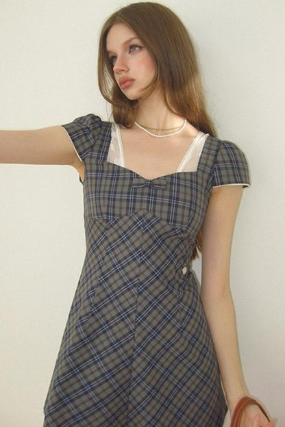 Plaid Lace Bow Short Sleeve Dress