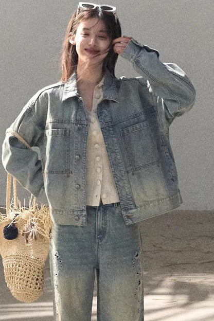 Hazy Sea Retro Denim Jacket