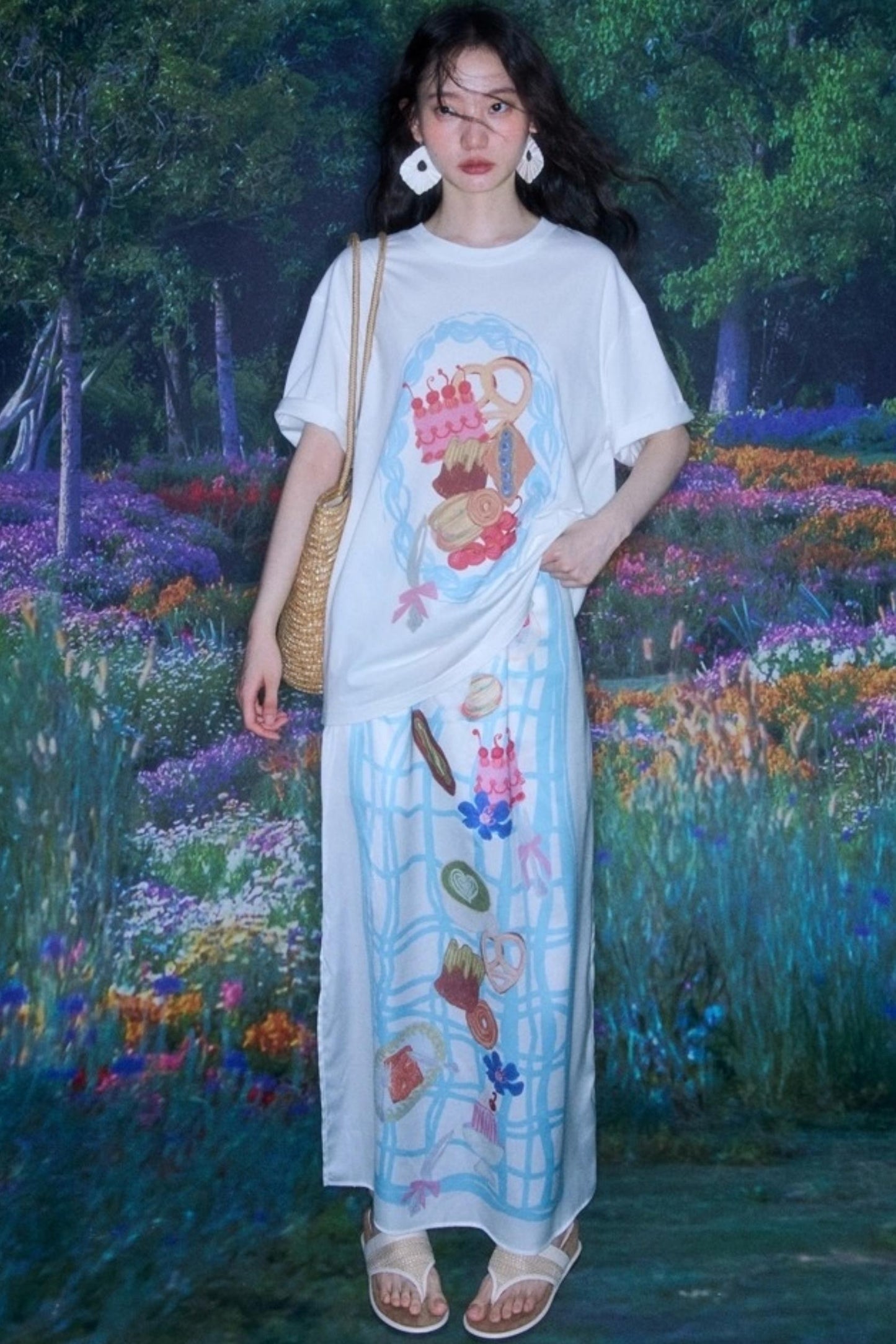 Bread Print Plaid Satin Slip Dress Set-Up