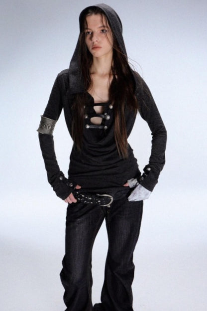 Hooded Metal Buckle Knit Top