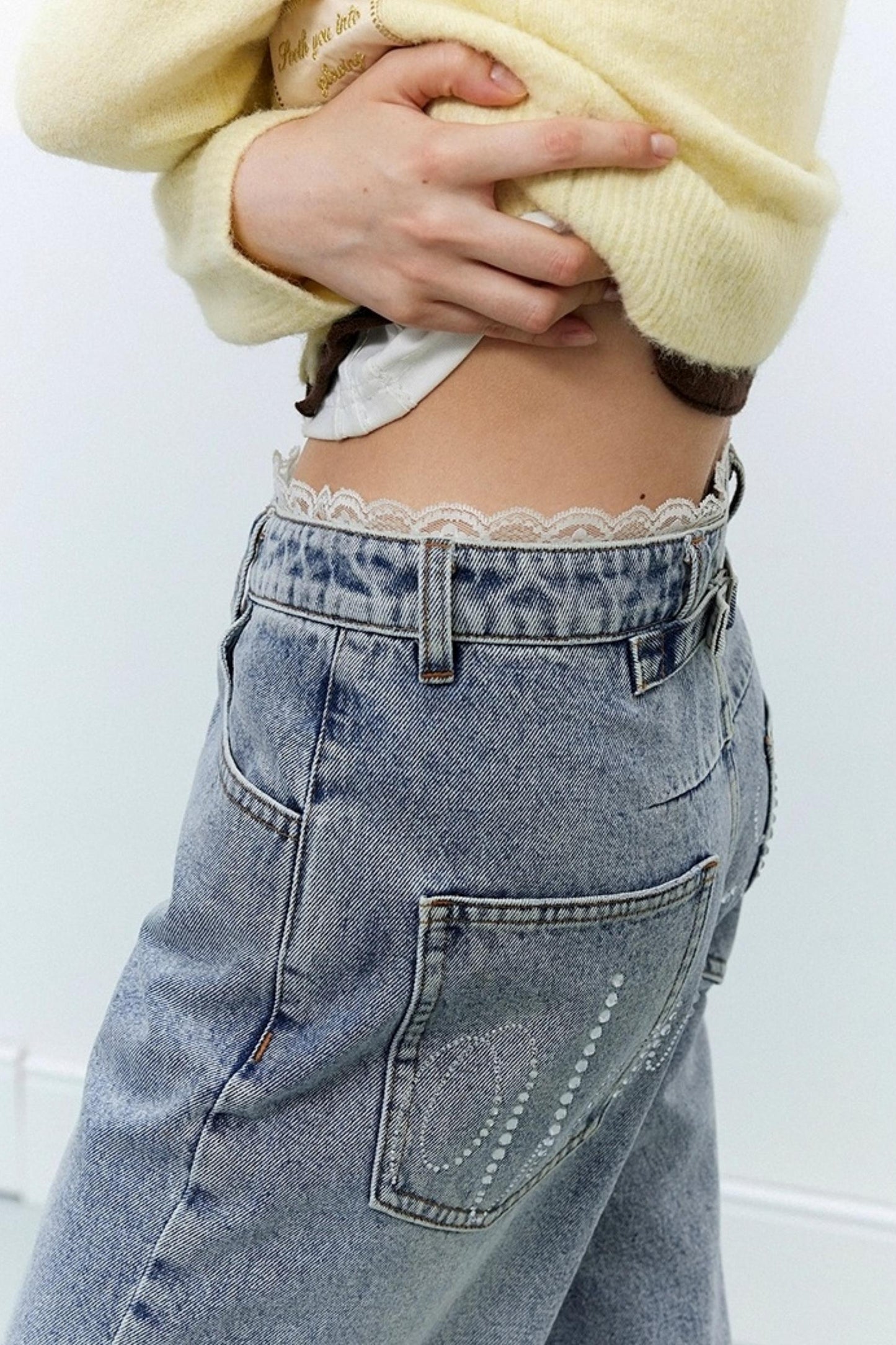 Distressed Lace Waist Loose Jeans
