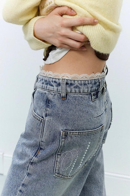Distressed Lace Waist Loose Jeans