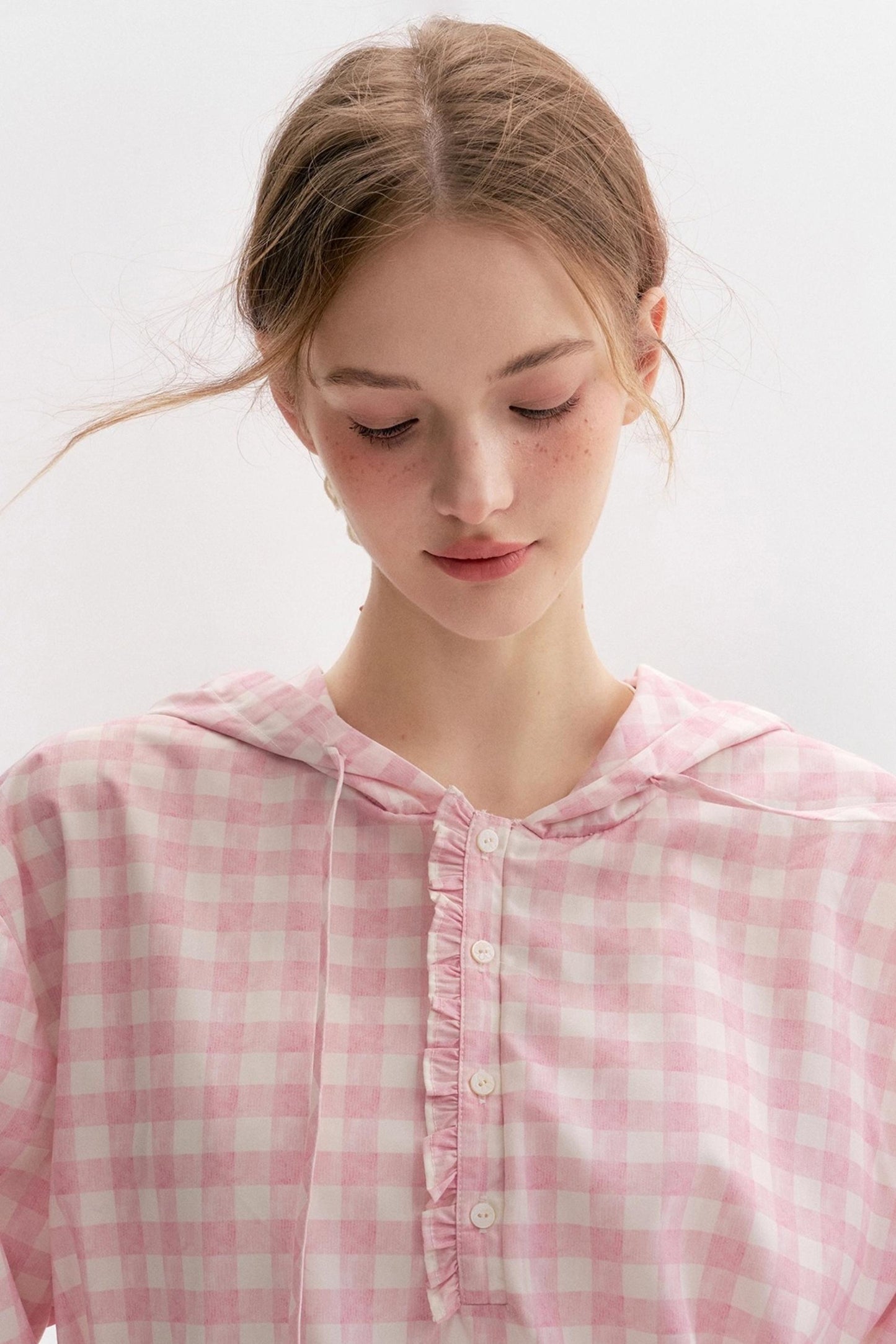 Cream Pink Plaid Lace Hooded Pullover Top