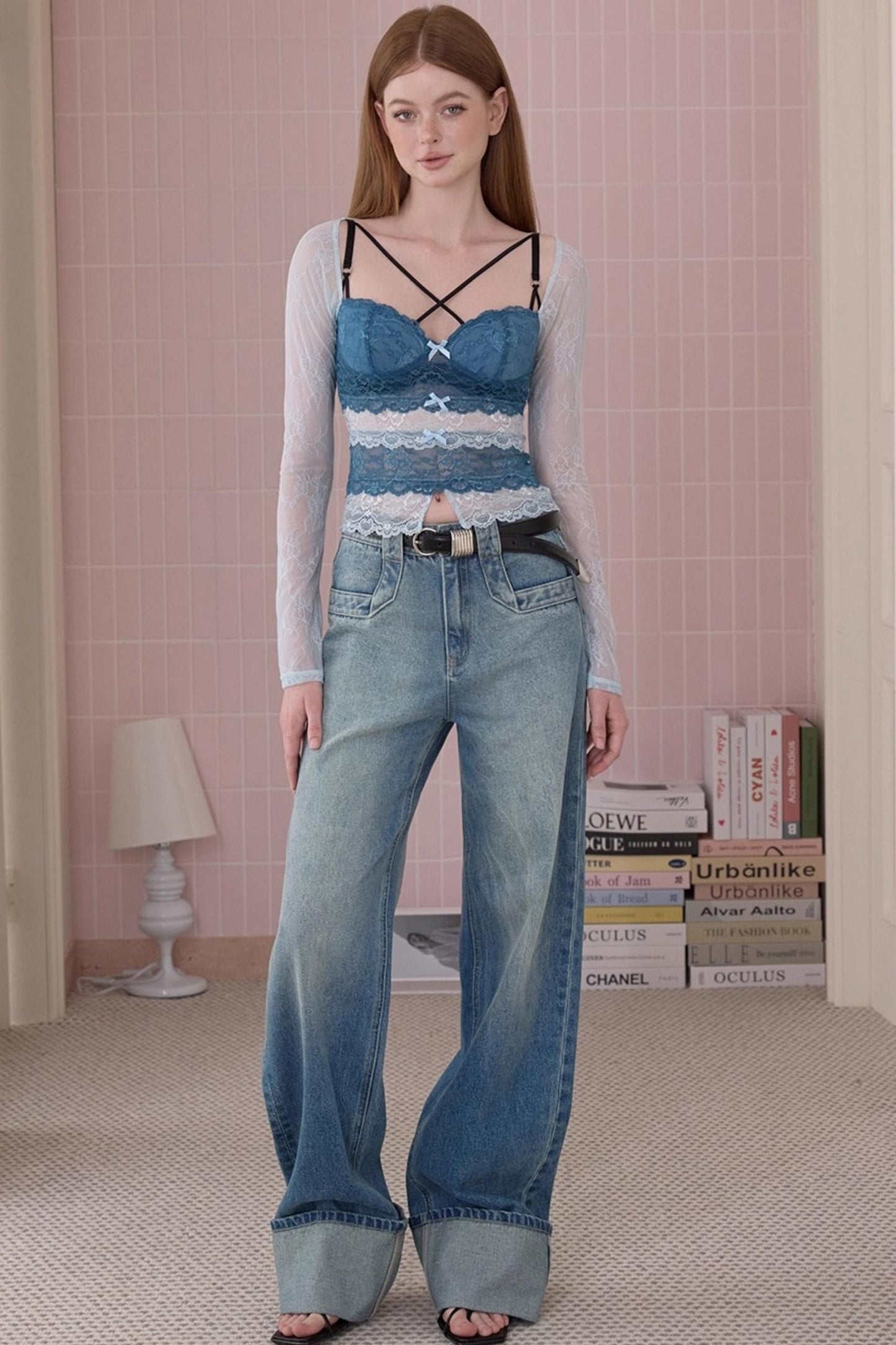 Retro Fashionable Sweet Cuffed Wide-leg Jeans